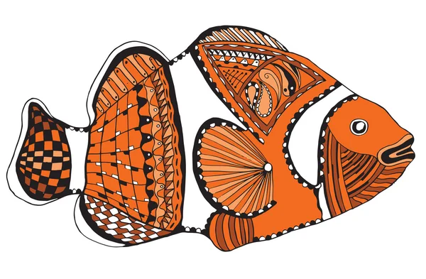 Clownfisch-Zentangle stilisiert, Vektor, Illustration, Freihandstift, Farbe. Muster. — Stockvektor