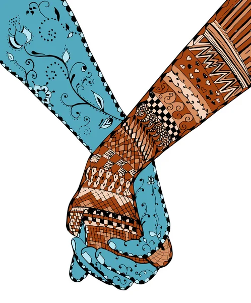 Estilo Zentangle - pareja cogida de la mano, remolino, flor, vector, ilustración, lápiz a mano alzada . — Vector de stock