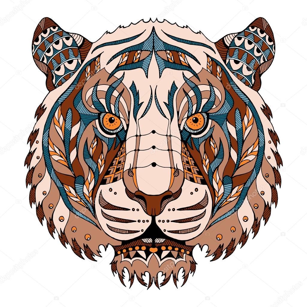 Tiger head zentangle stylized, vector, illustration, pattern, freehand pencil, hand drawn. Color.