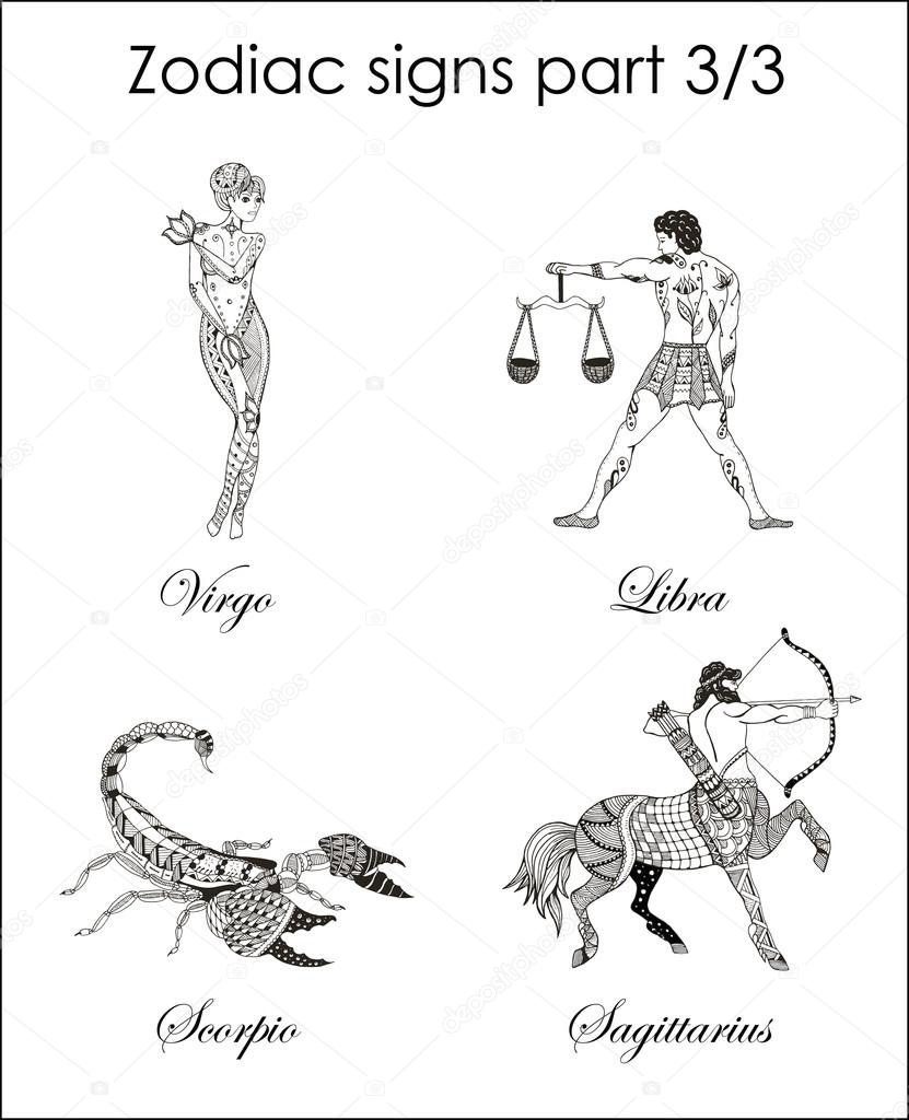 Zodiac signs. Virgo. Libra. Scorpio. Sagittarius. Part three. Zentangle stylized. Vector. Illustration. Hand drawn. Freehand pencil. Horoscope.