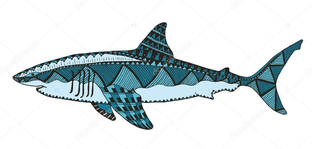 Shark zentangle stylized, vector, illustration, pattern, freehand pencil, hand drawn.