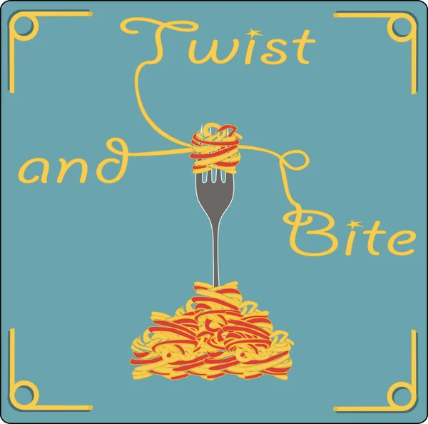 Fork with spaghetti on blue background with words twist and bite, vector, illustration. Stock Vector