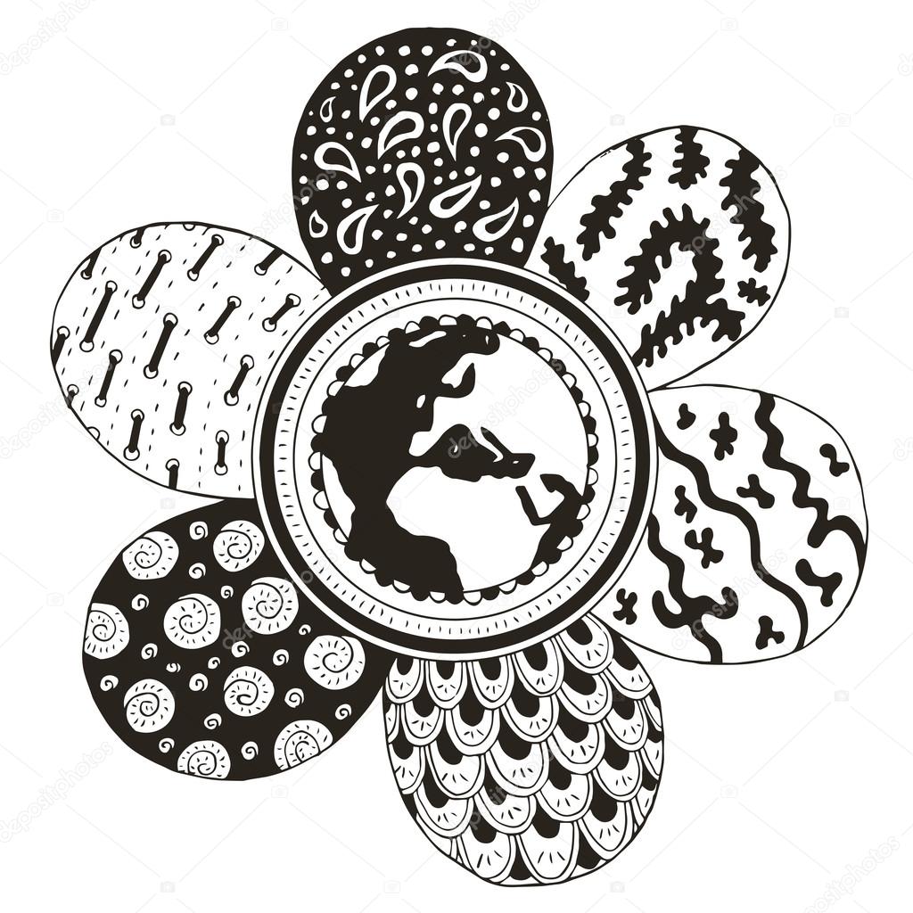 Flower zentangle petals Earth globe in the middle of a flower