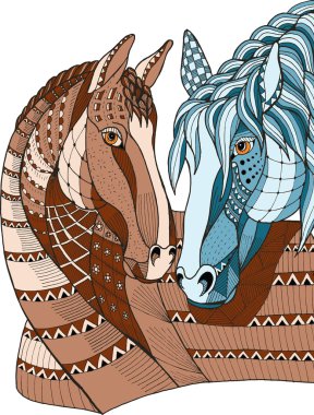 İki at sevgi, stilize, zentangle gösterilen vektör çizim, el yapımı kalem, elle çizilmiş, desen, aşk.