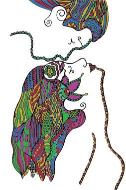 Adam öpüşme kadının alın, zentangle stil, çiçek, yapraklar, vektör çizim, sanatsal çekilmiş, el yapımı kalem.