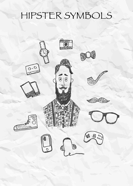Hipster symbols on crumpled paper, vector, illustration, freehand pencil.