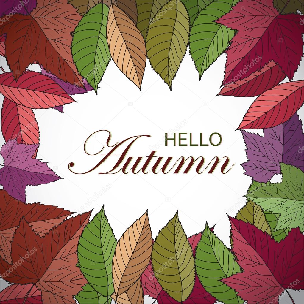 Autumn square frame with hand drawn leaves. Hello autumn banner.