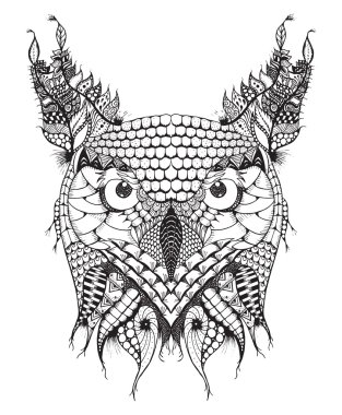 Büyük Boynuzlu Baykuş baş zentangle stilize, vektör, illüstrasyon, el yapımı kalem, elle çizilmiş, desen. Zen sanat