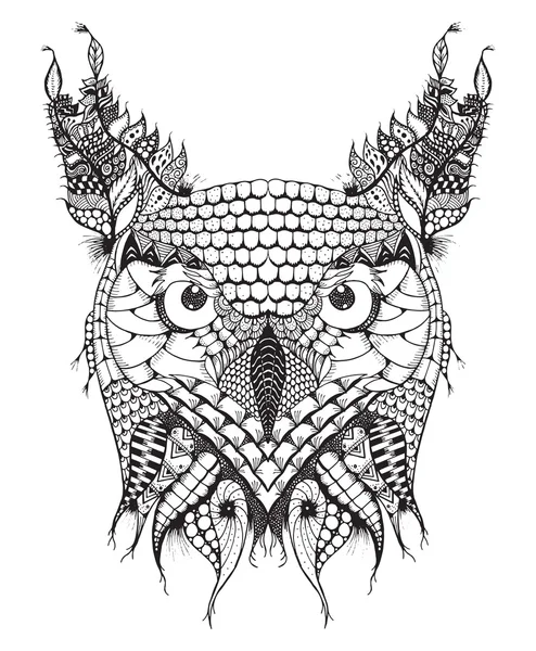 Nagy szarvas bagoly fej zentangle stilizált, vektor, ábra, szabadkézi ceruza, kézzel rajzolt, minta. Zen art — Stock Vector