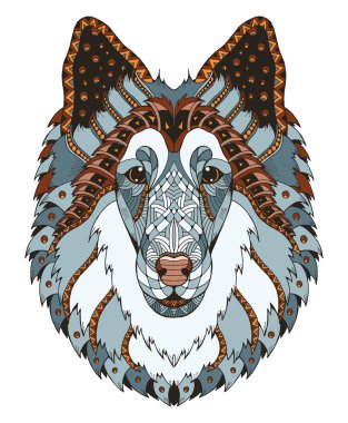 Rough collie köpek baş zentangle stilize, vektör, illüstrasyon, 