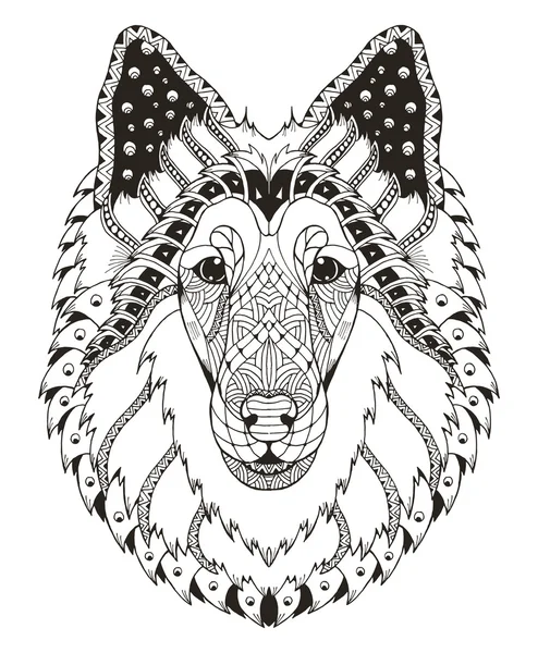 Rough collie köpek baş zentangle stilize, vektör, illüstrasyon, — Stok Vektör