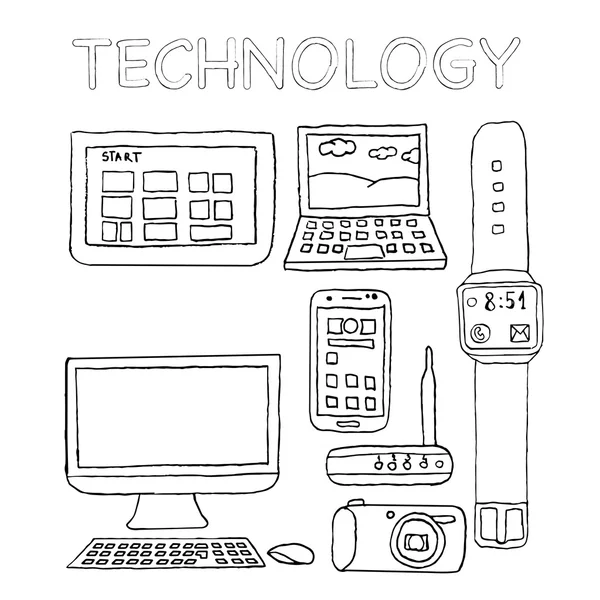 Iconos de la tecnología, dibujado a mano, cámara digital, router wifi, portátil, computadora de escritorio, tableta, reloj inteligente, teléfono inteligente, mano alzada, aislado, lápiz . — Archivo Imágenes Vectoriales