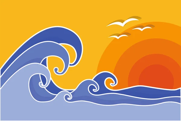 Grandes olas con sol y gaviotas, vector, ilustración. Verano . — Vector de stock