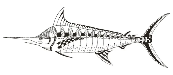 Marlin, Schwertfischzentangel stilisiert, Vektor, Illustration, Freihandstift, handgezeichnet, Muster. — Stockvektor