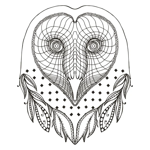 Synvilla tornuggla hjärta form huvudet zentangle stiliserade, vektor, illustration, freehand penna, hand dras, mönster. — Stock vektor