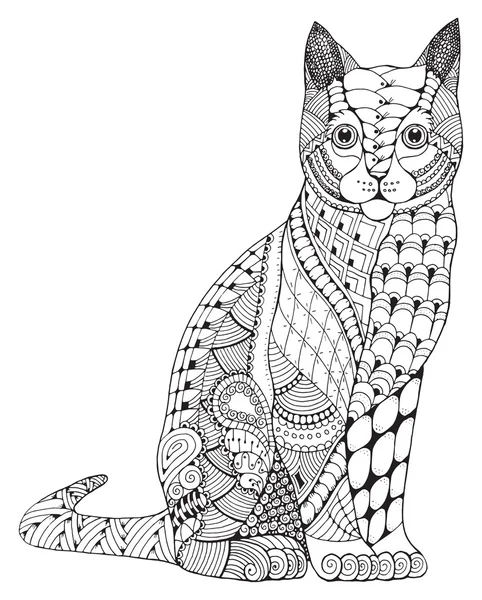 Macska zentangle stilizált, vektor, ábra, minta, szabadkézi ceruza, kézzel rajzolt. Zen art. Díszes. Csipke. — Stock Vector