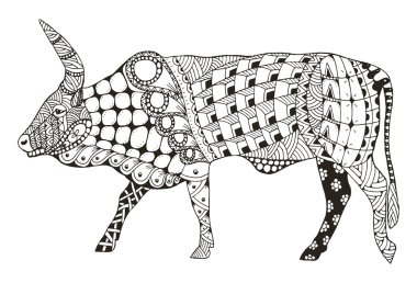 Ox Çince Zodyak stilize zentangle giriş, vektör resim, desen, el yapımı kalem, elle çizilmiş. Zen sanat. Süslü. Dantel.