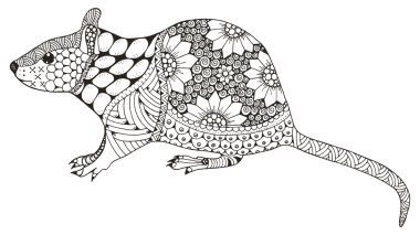 Rat Çince Zodyak stilize zentangle giriş, vektör resim, desen, el yapımı kalem, elle çizilmiş. Zen sanat. Süslü. Dantel.