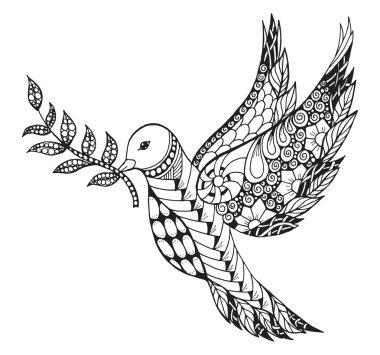 Stilize Zentangle barış Uluslararası Barış günü için zeytin dalı ile güvercin. Süslü vektör çizim.