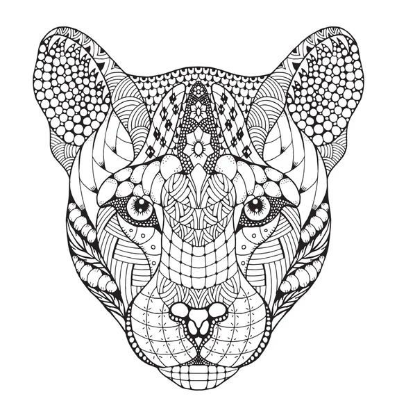 Puma, Puma, puma, panther hlavy zentangle stylizované, vektor, ilustrace, vzor, od ruky tužkou, ručně kreslené. Zen umění. — Stockový vektor