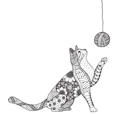 Küçük yavru kedi ve clew iplik. Kedi oynuyor. Zentangle stilize kedi. Zen sanat. 