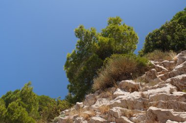 Karadağ, muhteşem güzel kokulu çam, gök mavisi ve doğal katmanlı Dağları arka plan Budva desen.