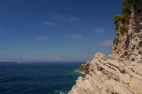 Layered bergen i Montenegro, en magnifik doftande pinjeträd, blå havet och naturliga mönster bakgrund Budva. — Stockfoto