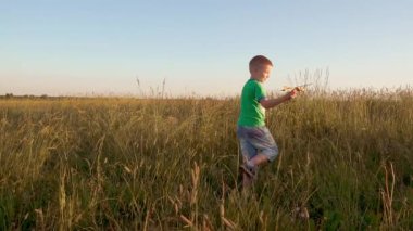 çocuk oyuncak uçak ile oynarken buğday alanında