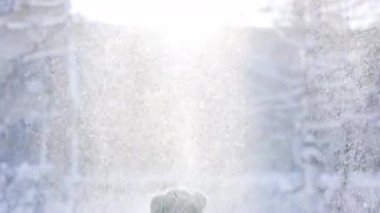 Mutlu genç bayan kar kusuyordu. Kış, spor, tatiller, ilişki, aşk, xmas, yaşam tarzı konsepti. Sinema kamerasında çekildi, 10 bit renk alanı.