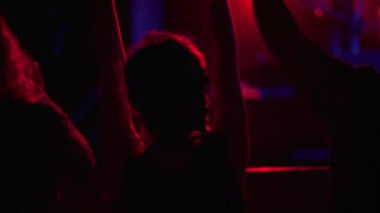 Rock grubu konserinde dans eden insanların silueti. Hayranları ve yıldızları olan bir gece kulübünde canlı performans. Eğlence ve geçmiş kavramı. İnsanlar ellerini kaldırıp şarkı söylüyorlar..