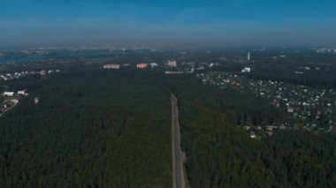 Gökyüzü çok güzel yeşil bir ahşabın üzerinde. Çam ormanının ortasında yol gösteren yavaşça inen bir drondan vurulmuş. Ulaşım, seyahat, doğa kavramı.