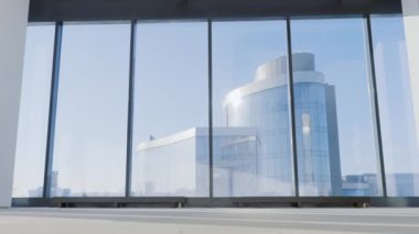 Pencerenin arkasındaki ofis binalarının arka planında tesadüfen buluşan iki iş kadınının portresi. Meslektaşlar tokalaşıyor ve kibarca sohbet ediyorlar. Tartışma kavramı, etkileşim.