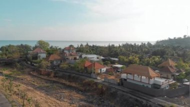 İnsansız hava aracından manzara görüntüsü. Yeşil alanların ortasındaki küçük evlerin çatıları, çalılar ve deniz kıyısına yakın palmiye ağaçları. Küçük köyün insansız hava aracıyla vurulduğu güzel bir sahil..