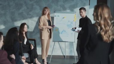 Takım elbise giyen bir grup iş arkadaşı şirket sonuçlarını tartışmak için toplantı ve konferans yapıyorlar. İzleyiciler arasında sunum yapan bir kız ve telefonda iş arkadaşları.