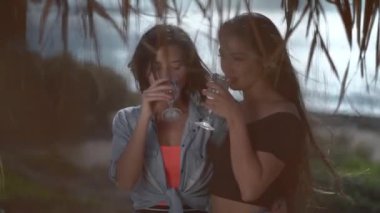 Kadınlar deniz kenarındaki kafede şarap içiyor. En iyi arkadaşlar yazı birlikte geçirirler. Kızlar mutlu ve hayattan zevk alıyorlar. Arabayla denize giden yol. Sonsuza dek dostluk ve sevgi. Yunanistan 'ın güzelliği.