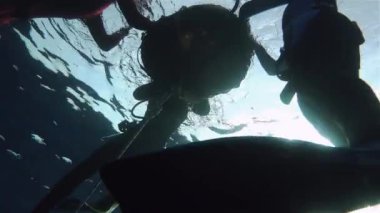 Serbest dalgıçlar şamandıraya dalmaya hazırlanıyor. Serbest dalış, bir insanın nefesini tutarak deniz suyuna daldığı bir spordur. Profesyonel olmayan bir sualtı dalgıcı.