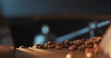 Kavrulmuş kahve çekirdekleri uçar ve ağır çekimde siyah bir arka planda döner. Taze kızarmış kahve çekirdekleri üretim fabrikası. Soğutma tabağında hazır kahve çekirdekleri..