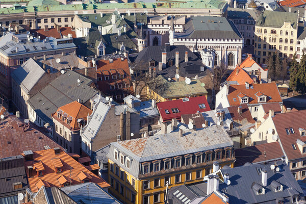 Aerial view of roofs in old center of Riga