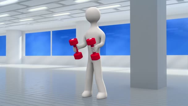 3D muž cvičení s činkami v tělocvičně — Stock video