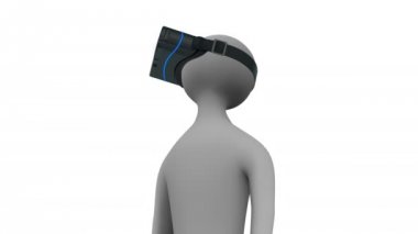 bir sanal gerçeklik kask içinde 3D adam beyaz ve siyah arka plan üzerinde etrafına bakıyor. Döngü. Alfa mat.