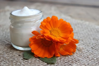Yüz kremi ve calendula çiçek. Kozmetik.
