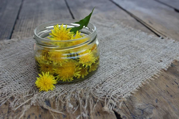 Pissenlit fleur dans un bocal en verre avec de l'eau . — Photo