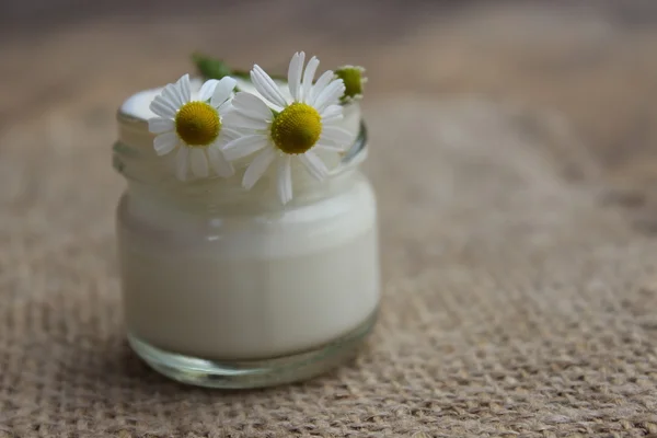 Crema facial con flores de camomila.Cosméticos . —  Fotos de Stock