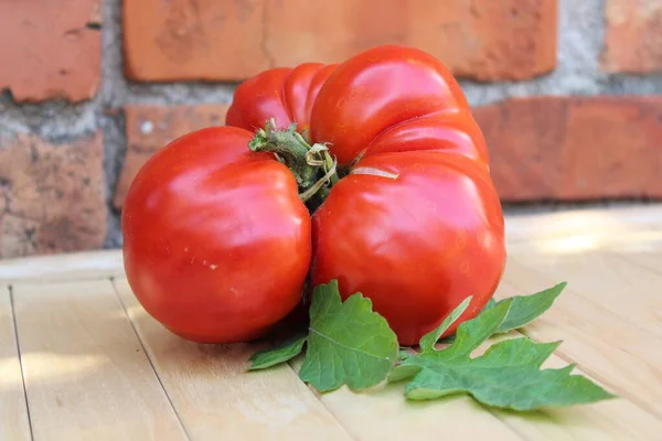 .Grande tomate vermelho em tábuas de madeira no fundo da parede de tijolo. — Fotografia de Stock