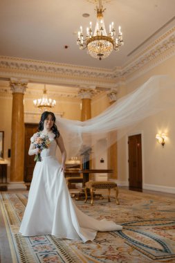 Lüks, klasik iç mimarisi olan zarif, beyaz elbiseli güzel bir Asyalı gelin. Yüksek kalite fotoğraf