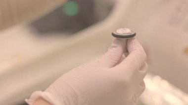 Laboratuvar teknisyeni mikroskobik çalışma için insan dokusu yerleştiriyor.