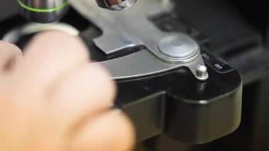 Laboratuvar gözlemleri sırasında mikroskop sahnesi hareketi. Yüksek kalite 4k görüntü