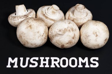 Bir grup beyaz şampiyon var. Yarısı destekçilerini kaldırdı. Alttaki etiket MUSHOMS. Yukarıdan görünüşü.