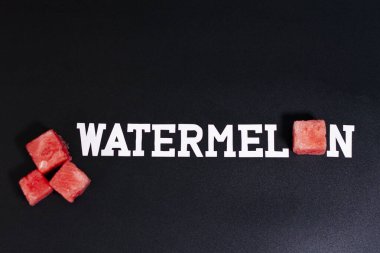 Ekranın sağ ve sol tarafında karpuz hamuru küpleri var. Etiket ortalanmış.