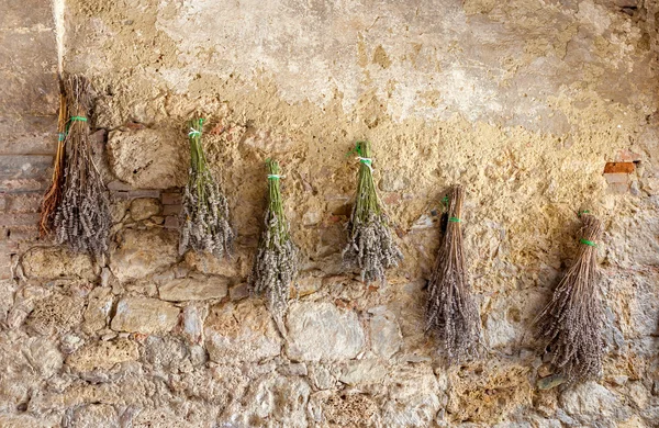 Hierbas secas y flores cuelgan de estiramiento y secado en el sol suspendido de la pared . — Foto de Stock